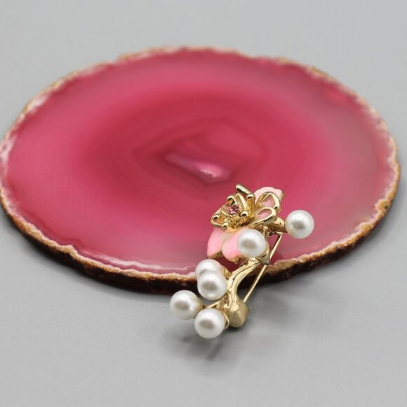 Pink flower pin brooch pendant jewelry white pearl yellow gold tone elegant new - Picture 5 of 10